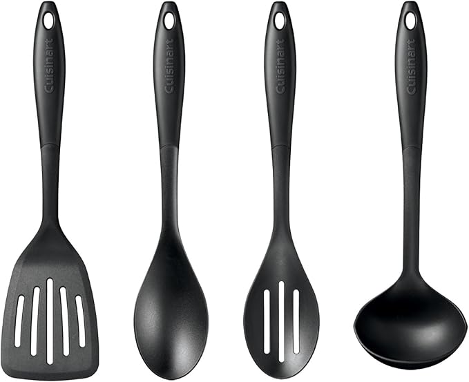 Cuisinart Nylon Kitchen Tool Set, 4-Piece Black – Slotted Turner, Solid Spoon, Slotted Spoon & Ladle, Nonstick-Safe, Heat Resistant to 400F, Dishwasher Safe