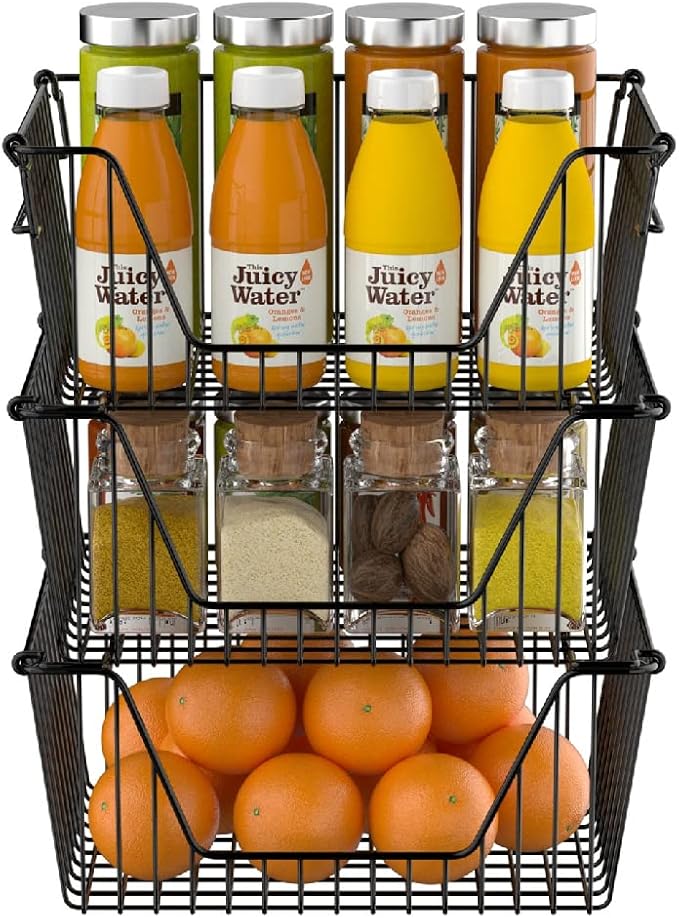 Slideep Wire Storage Baskets, Freezer Baskets Farmhouse Stackable Organizer Storage Bins Large Organizer for Storage, Office, Bathroom, Pantry Organization Storage with Handles 14" Black -Set of 3