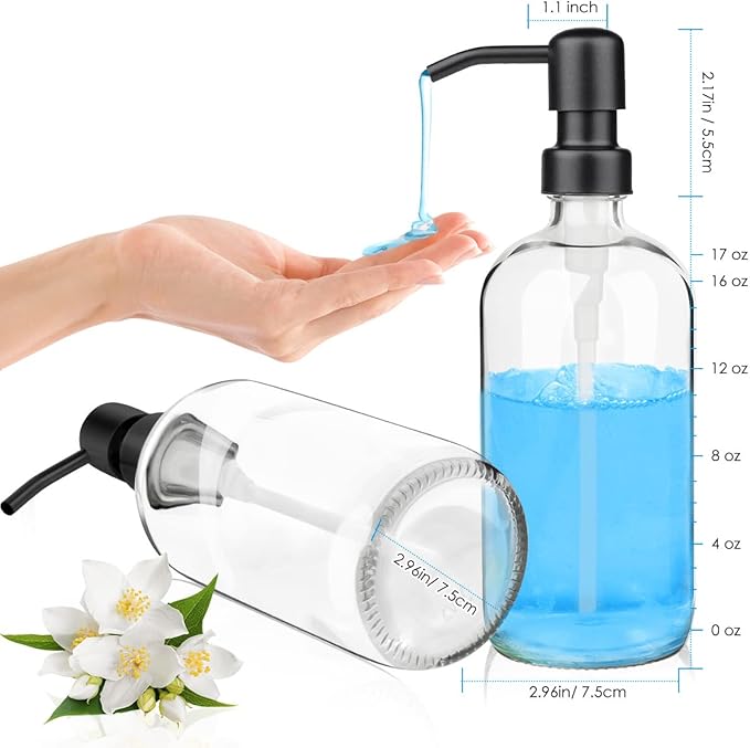 ARKTEK 2 Pack Refillable Glass Soap Dispenser - Rust Proof Stainless Steel Pump, 17 Oz/ 500 ML, Black
