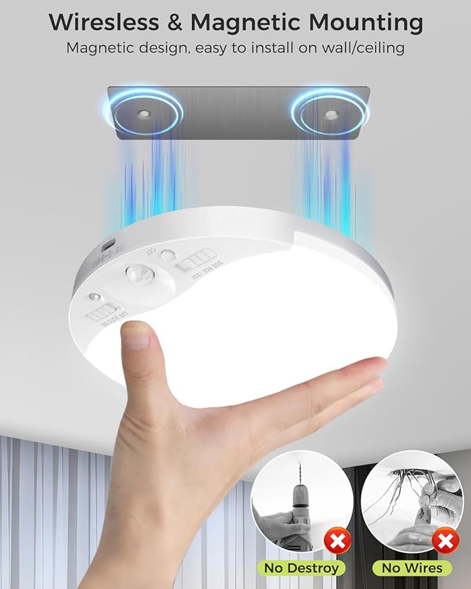 2Pack Rechargeable Motion Sensor Ceiling Light with Remote, Magnetic Wireless Ceiling Light Battery Powered, 3000K/4000K/6500K, Dimmable, Timer, Motion Activated, for Closet Shower Hallway Pantry