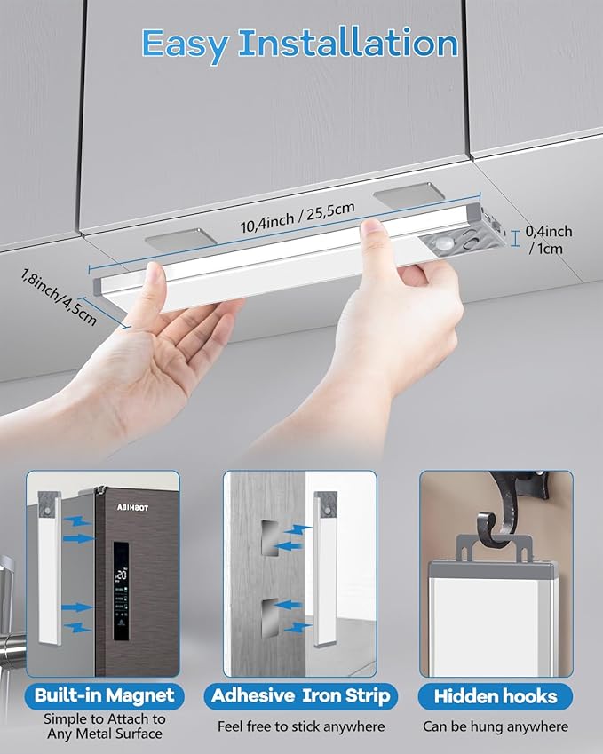 HIBOITEC Under Cabinet Lighting Rechargeable Closet Lights Wireless Motion Sensor Light Indoor, 50 LED Dimmable Magnetic Under Counter Light for Kitchen, Pantry, 2 Pack, Cool White Light, 10 inch