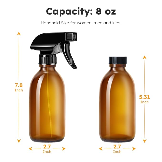 Tecohouse Glass Spray Bottles 8oz, Amber Hair Spray Bottles, 2 Pack Empty Refillable Sprayer Container with Labels, Funnel, Lids, Graduated Pipettes - Handheld Size