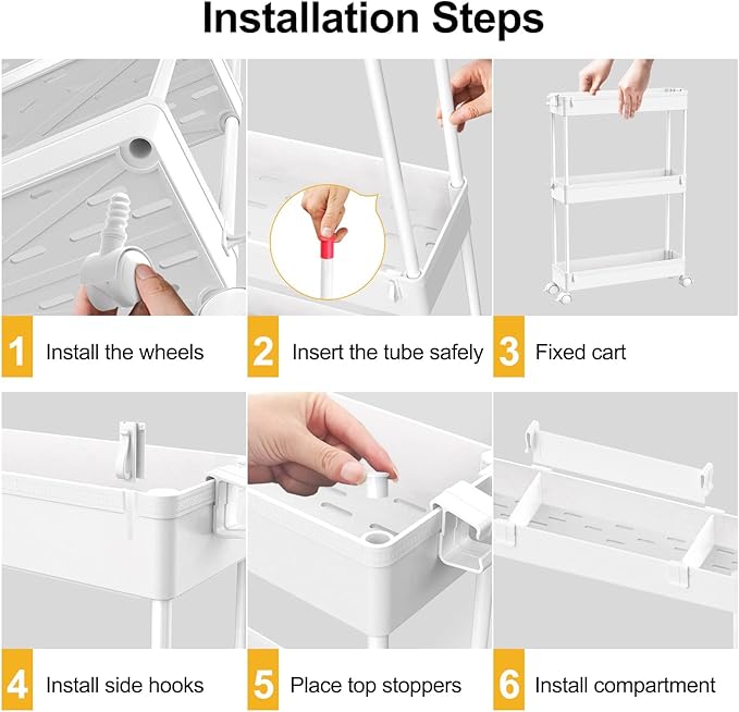 SPACELEAD Slim Storage Cart 3 Tier,Bathroom Organizer Rolling Utility, Mobile Shelving Unit Slide Out for Office, Kitchen, Laundry Room & Narrow Places,White
