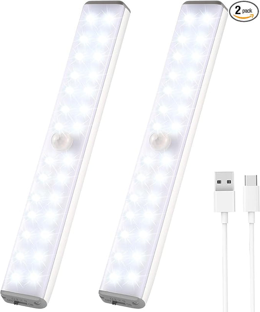 Wireless Under Cabinet Lights Motion Sensor - 28 LED Rechargeable Closet Light, Magnetic Stick-on Battery Operated Night Light for Kitchen, Wardrobe, Hallway, Stairs, Cupboard, Pantry (2 Pack)