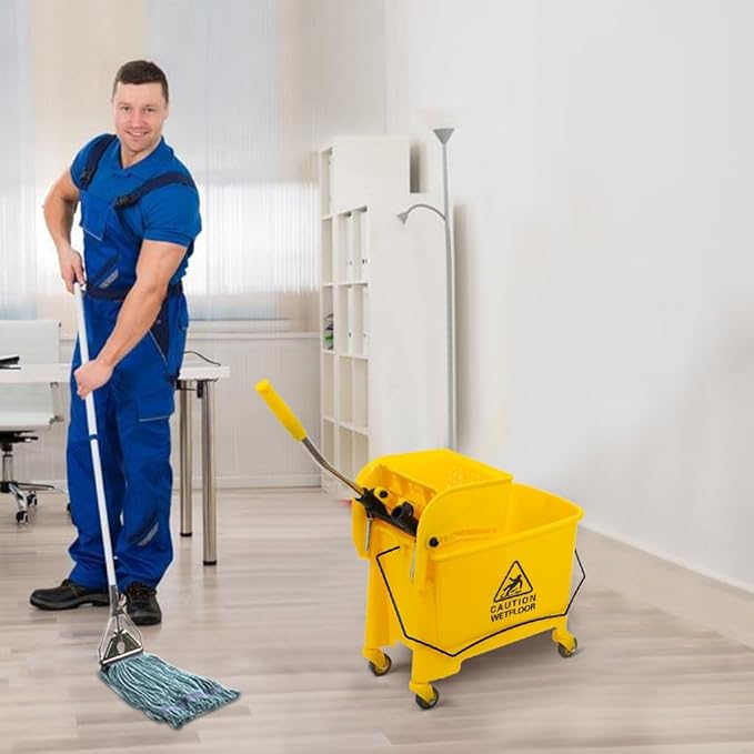 Commercial Mop Bucket with Wheels 20L Gallon, Side Press Wringer Combo Mop Bucket, Combo Cart Set for Restaurant Home Floor Cleaning Use