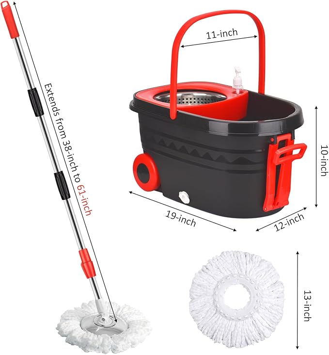 Spin Mop Bucket, Spin Mop Bucket System with 2 Mop Heads, Stainless Steel Mop Cleaning Bucket for Floor Cleaning