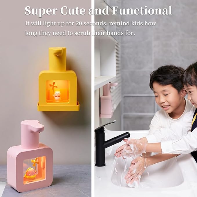 Kids Automatic Foam Dispenser - Lovely Soap Dispenser for School Bathroom Kitchen Office, Waterproof USB Rechargeable Hand-Free 13.5oz, Children Birthday Gift, Yellow Cat