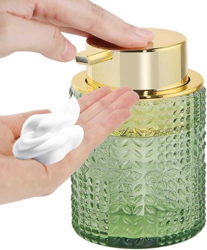Foaming Soap Dispenser, 10 Oz Glass Foam Hand Soap Dispenser with Gold Pump, Refillable Bathroom Lotion Container Pump Bottle with Vintage Pattern, Green