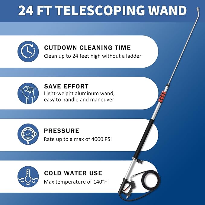 LidoDola 24FT Telescoping Pressure Washer Wand Kit - 2 Extension Poles, Gutter Cleaner, Brush, Pivoting Coupler & 7 Nozzles for Roof, Deck, Vehicle, Sidings