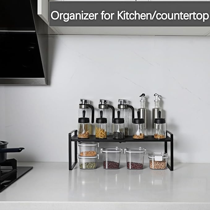 Expandable Cabinet Shelf Organizer Riser for Kitchen Pantry Cupboard Under Sink Countertop (black, 8.2’’D * 12.2-21.6’’W * 7.7’’H)