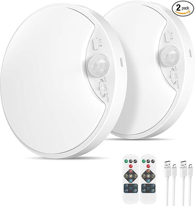 2 Pack 10000mAh Rechargeable Motion Sensor Ceiling Light with Remote, Battery Operated Closet Light No Wiring, Magnetic Wireless LED Ceiling Lights, 3 Color Overhead Lamp for Shower Pantry Hallway