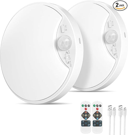 2 Pack 10000mAh Rechargeable Motion Sensor Ceiling Light with Remote, Battery Operated Closet Light No Wiring, Magnetic Wireless LED Ceiling Lights, 3 Color Overhead Lamp for Shower Pantry Hallway