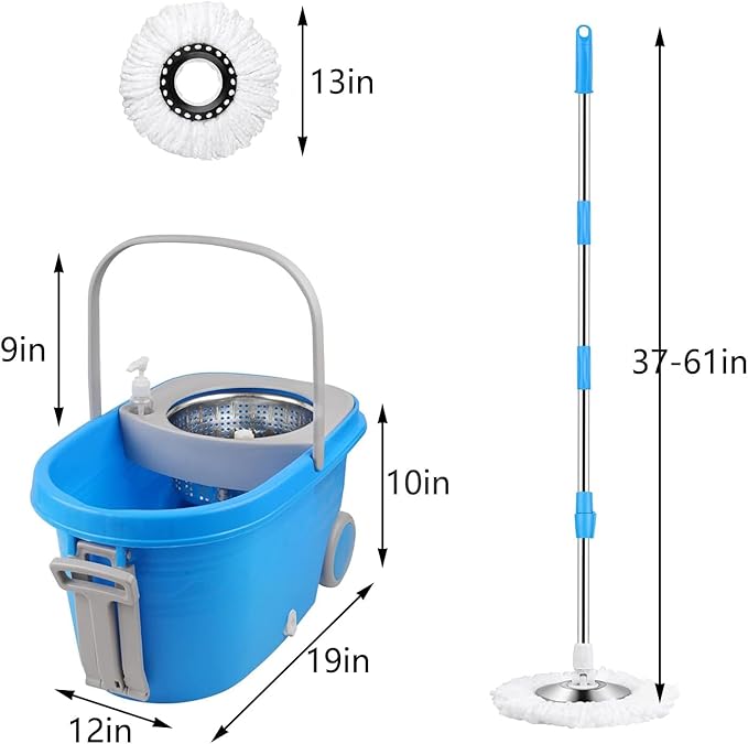 Mop Bucket with Wringer Set On Wheels,360 Spin Mop and Bucket Set,with 61" Stainless Steel Telescopic Handle and 3 Replacement Head(25QT,Blue)