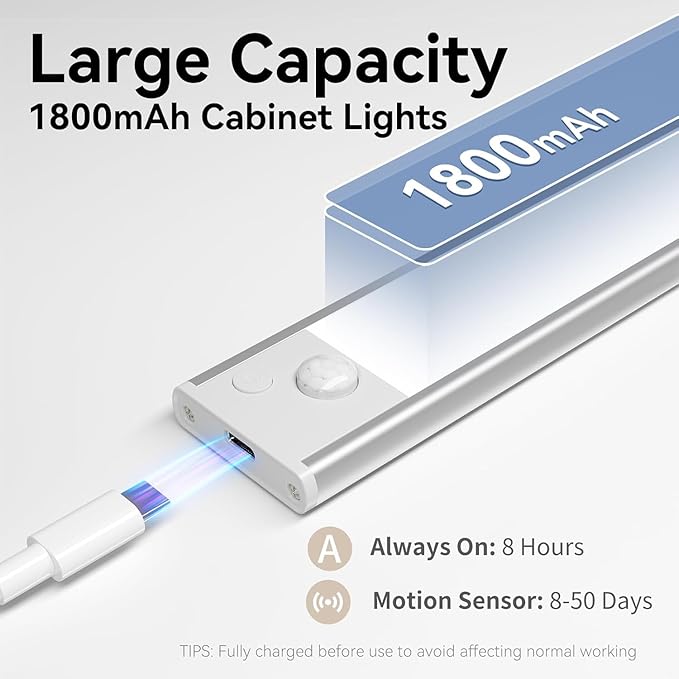Under Cabinet Lighting, Rechargeable Closet Lights, LED Magnetic Motion Activated Under Cabinet Lights 1800mAh Battery Operated, Wireless Dimmable Under Counter Lights for Kitchen,Stairs,Pantry 2 Pack