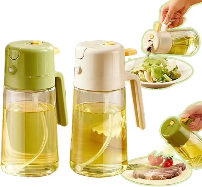 16oz/470ml Glass Olive Oil Sprayer for Cooking with Stickers, 2 in 1 Oil Dispenser for Kitchen Gadgets, Food Grade Premium Spray Bottle with Portion Control for Salad, Frying, BBQ (Green)