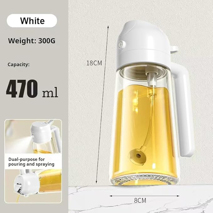 Glass Olive Oil Sprayer 16oz/470ml – 2-in-1 Oil Dispenser & Spray Bottle for Cooking, Portion Control, Salad, Air Fryer, BBQ – Leak-Proof, Fine Mist Bottle with 6 Decorative Labels (White)