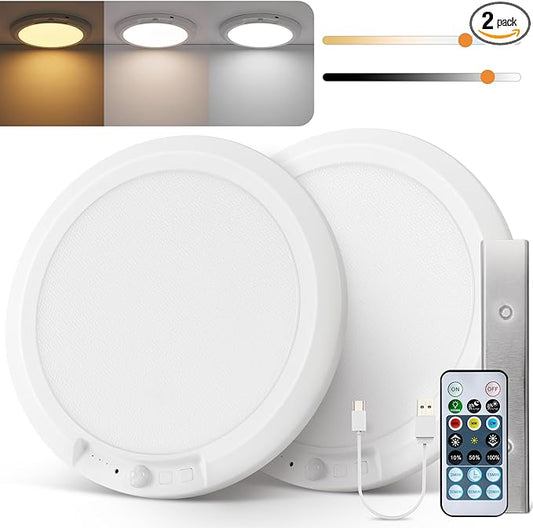wowatt 10000mAh Rechargeable Ceiling Light with Remote, 3 Color Temperatures & Brightness Dimmable, Wireless Ceiling Light with Magnetic Design, Battery Ceiling Light for Shower Hallway Pantry(2 Pcs)