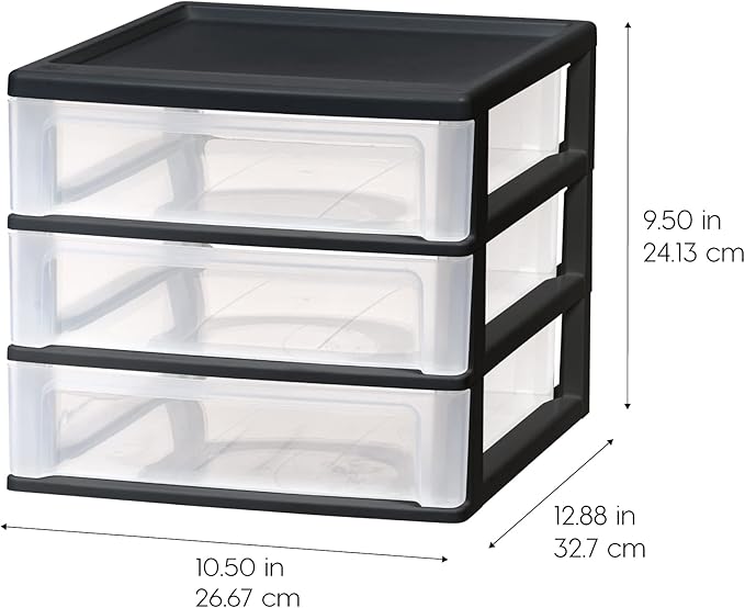 USA Plastic Stacking Desk Top 3-Drawer Storage Organizer, 2-Pack, Black