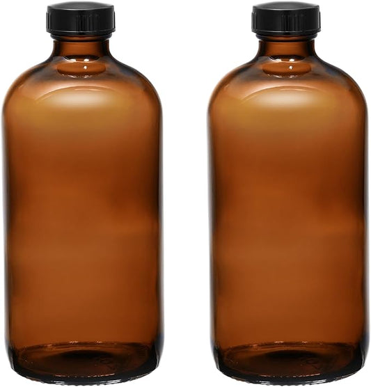 (2 Pack) - 16 oz Amber Glass Boston Round Bottles with Black Airtight Polycone Caps – Reusable UV-Resistant Glass Containers for Homemade Extracts