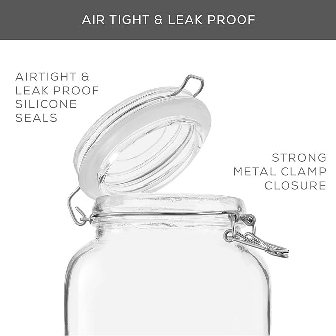 JoyJolt Airtight Glass Jars with Lids Set of 3. 78oz Glass Jar with Lid and 6 Silicone Seals! Large Glass Food Storage Containers. Square Mason Jar