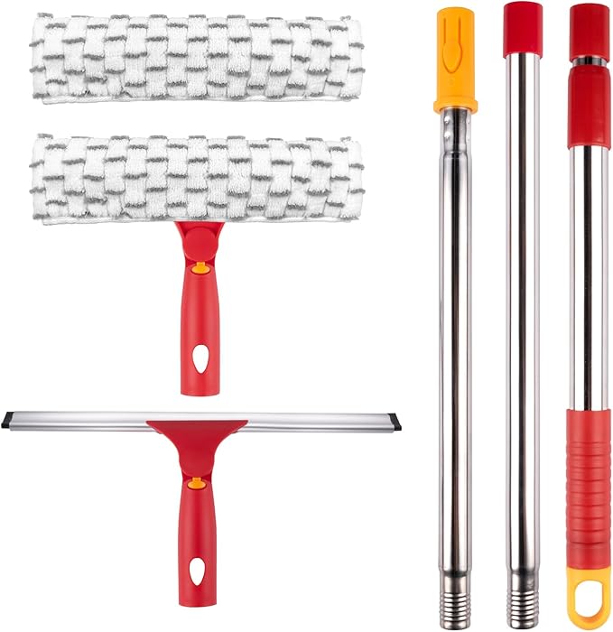 ITTAHO Squeegee for Window Cleaning, 12" Squeegee and 11" Microfiber Scrubber Combi with Stainless Steel Pole, Extendable Window Cleaner for Car
