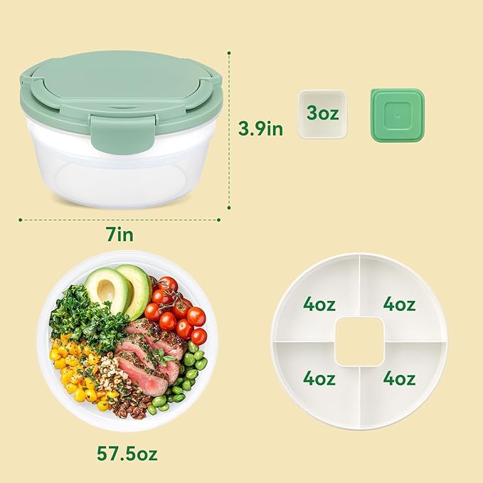 Salad Container for Lunch, Bento Lunch Box 58-oz with 4 Compartments Tray and Ice Pack, Leak-Proof Salad Bowl with Lid for Adults