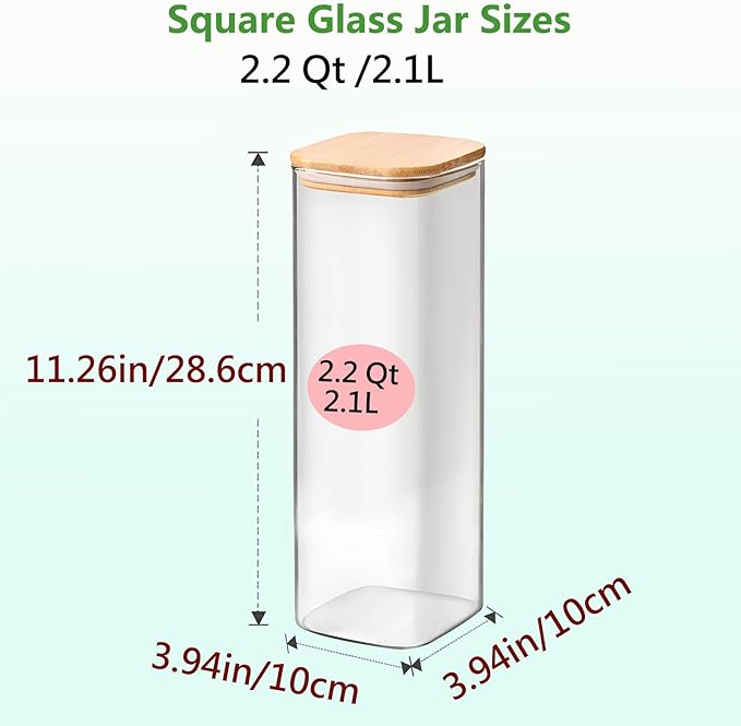 VIEWELLD 2.2 Qt Square Glass Storage Containers with Lids, Clear Food Storage Container Jar with Sealing Bamboo Lid Storage Containers for Pasta, Oats