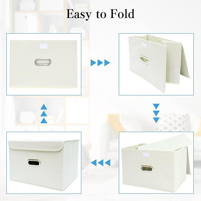 STOREONE Fabric Storage Cube Bins Foldable Organizer Container Collapsible Basket with Lids and Metal Handles, for Home, Bedroom, Closet 3 Pcs (Creamy-White)