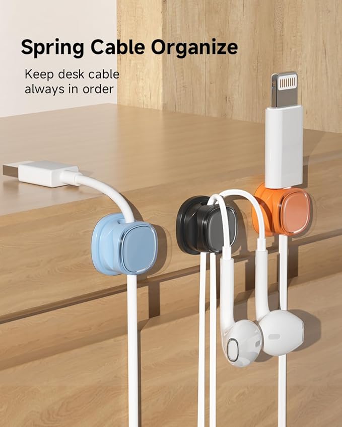 9 Pack Cord Organizer, Spring Cable Management, Adhesive Cute Cable Holder Clips, Phone Charger Wire Keeper for Desk Nightstand Car Office (9-Pack Black_Orange_Blue)