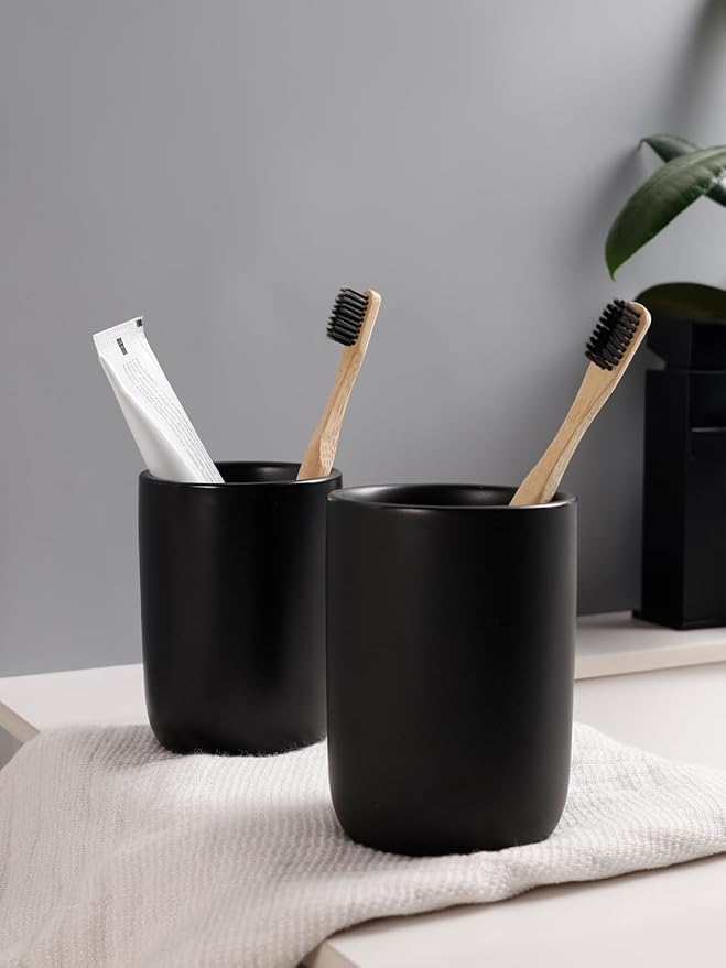 Bosilunlife Soap Dispenser and Toothbrush Holder Set - Dish Hand Soap Dispenser Bathroom Set Ceramic Bathroom Counter Soap Toothbrush Holder Set Black Bathroom Accessories Set