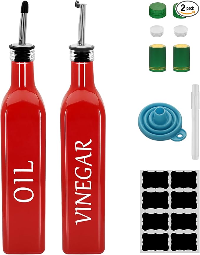 Olive Oil Dispenser Bottle,2 Pcs 17oz 500ml Glass O il and Vinegar Dispenser Set with 2 Stainless Steel Pourers, 8 Labels,Funnel Vinegar Bottles for Kitchen (Red)