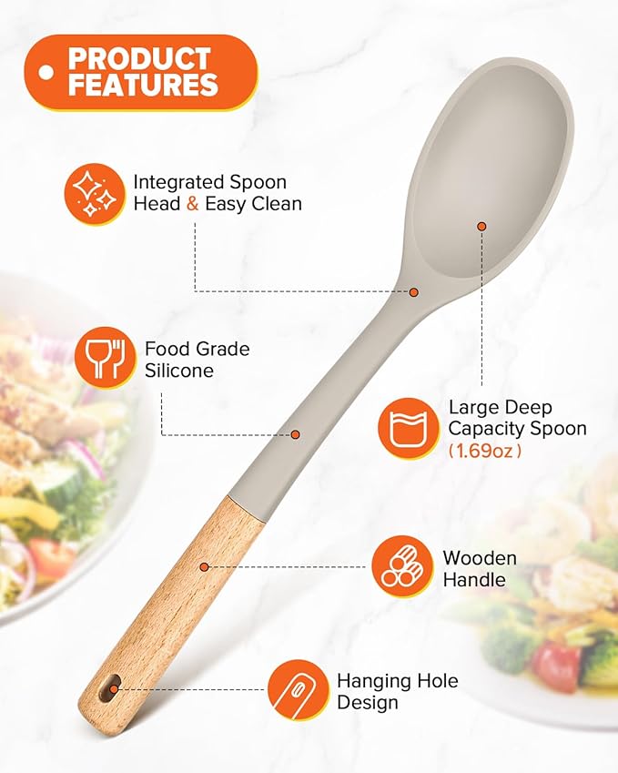 Silicone Cooking Spoons, Great for Scooping Sides and Serving Hearty Stews, BPA-Free Matte Silicone, Wooden Handle Serving Spoon for Nonstick Cooking Surfaces (Khaki)