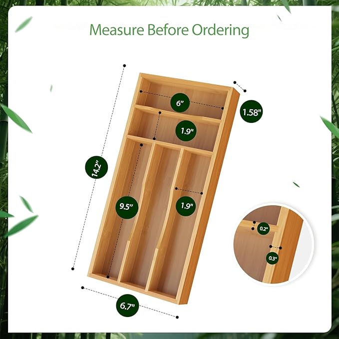 Small Silverware Organizer, Bamboo Kitchen Drawer Cutlery Organizer