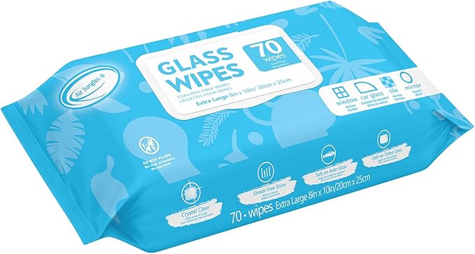Air Jungles Glass and Window Cleaner Wipes 70 Count, Extra Large 8" x 10" Size Cleaning Wipes for Car Windshield, Headlight, Mirror