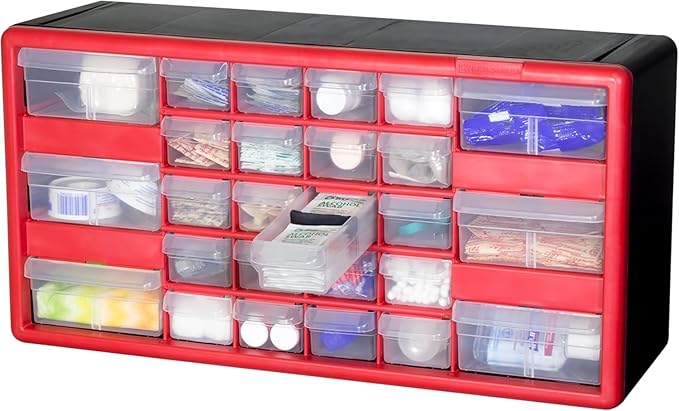 Akro-Mils 26-Drawer Plastic Drawer Storage Cabinet for Garage Organization, Bead Organizer, Building Bricks Storage, Teacher Toolbox, Makeup Organizer, 20" W x 6" D x 10" H, 10126 Red