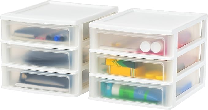 IRIS USA Plastic Stacking Desk Top 3-Drawer Storage Organizer, 2-Pack