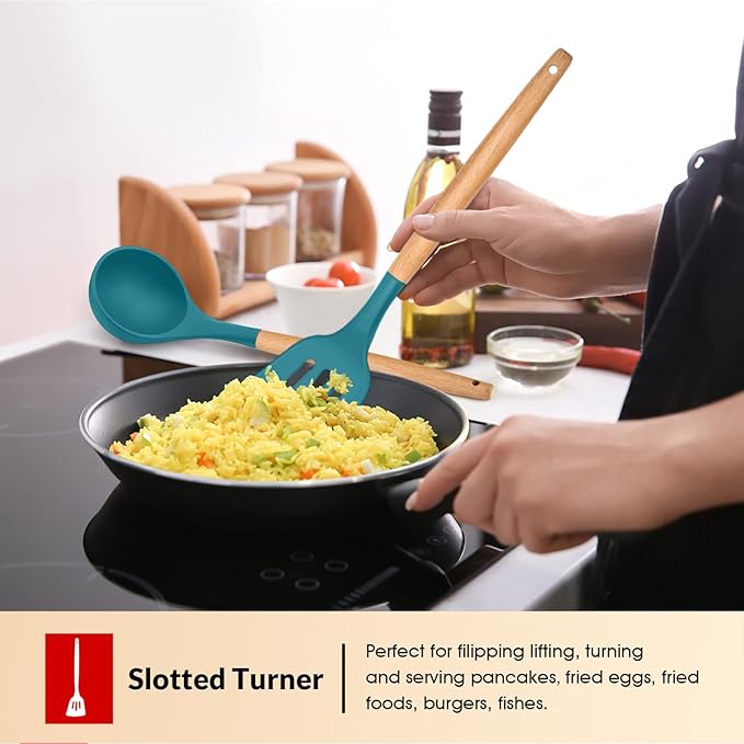 Kitchen Utensils Set of 6, E-far Silicone Cooking Utensils with Wooden Handle, Non-stick Cookware Friendly, Includes Spatula/Ladle/Slotted Turner/Serving Spoon/Spaghetti Server(Teal Blue)