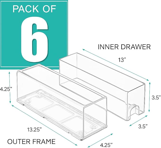 Sorbus Small Clear Storage Drawers (6 Pack) – Stackable Organizer Bins with Pull-Out Drawers for Kitchen, Pantry, or Fridge – Acrylic Storage Bins with Handles