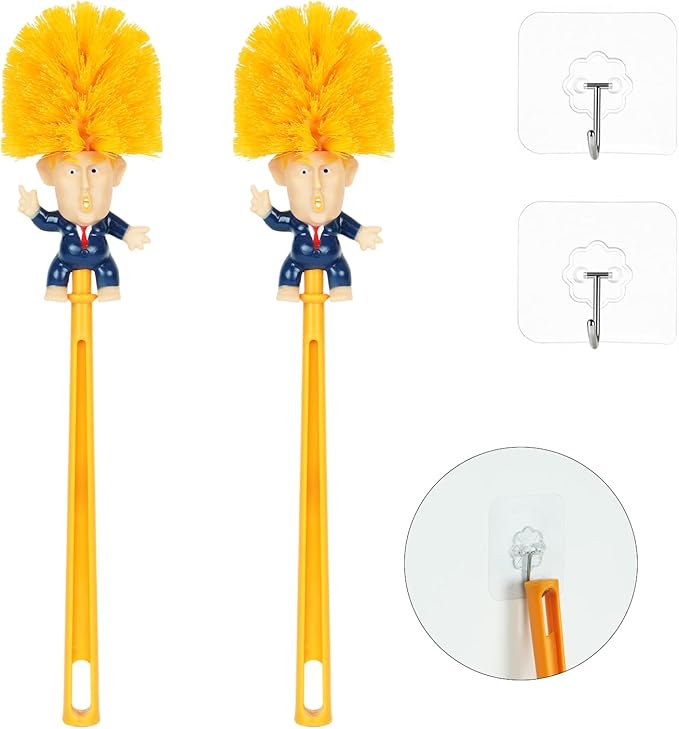 2PCS Funny Trump Toilet Brush with Adhesive Hooks, Prank Toilet Brush Cleaner Scubber, Make Toilet Great Again, Anti Trump Gag Gift for Bathroom Decor, Housewarming, White Elephant Party