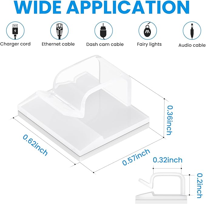 30 Pcs Adhesive Cable Clips for Cord Management Under Desk Nightstand Phone PC Charger Plug Speaker TV Cord Holder Keeper Hook Wall Wire Organizer Car Dash Cam Ethernet Christmas Light (Clear, Small)