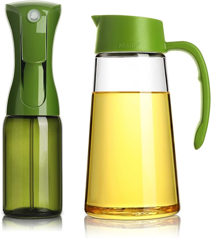 Mistifi 600ml Oil & Vinegar Dispenser Bottle, Glass Cruet with Automatic Lid, Drip-Free Spout for Cooking, Salad, Soy Sauce (Oil spray set Green)