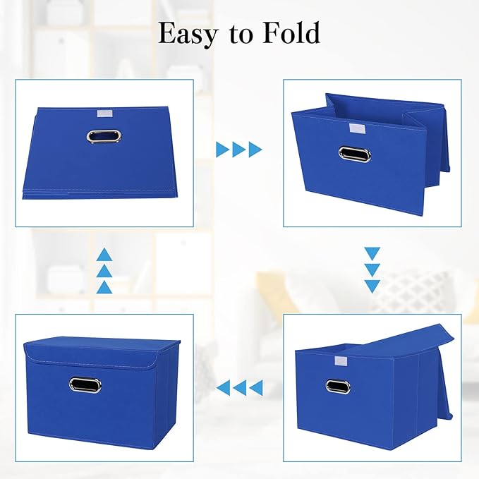 STOREONE Fabric Storage Cube Bins Foldable Organizer Container Collapsible Basket with Lids and Metal Handles, for Home, Bedroom, Closet 3 Pcs (Dark Blue)