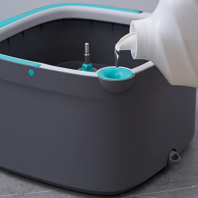 True & Tidy® SPIN-800 TrueClean Mop and Bucket System Upgraded Version w/Side Brush & Self-Standing Handle, Self Wringing Spin Mop w/Separate Compartments for Clean and Dirty Water