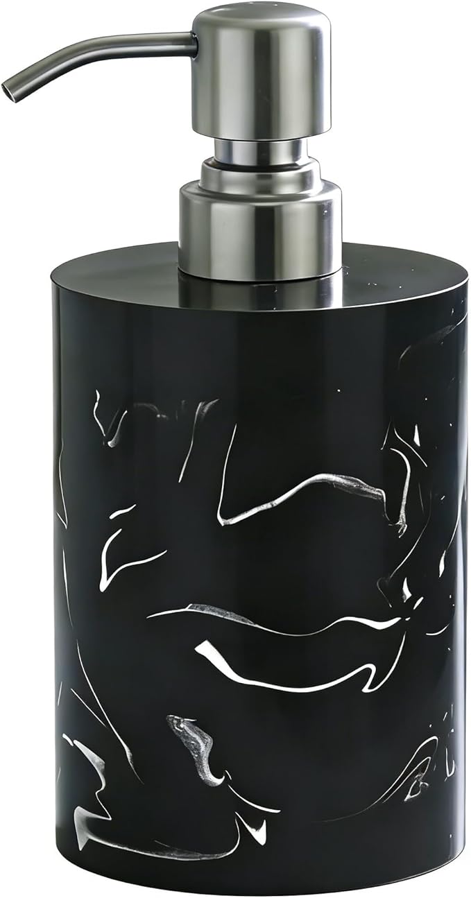 Soap Dispenser Countertop Black Marble for Bathroom Kitchen 13.5oz Resin Brushed Nickel Stainless Steel Pump for Liquid Hand Soap, Lotion and Dish Soap