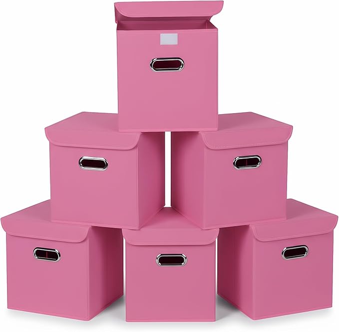 Closet Organizers Fabric Storage Bins With Lids Collapsible Cube Storage, Pink