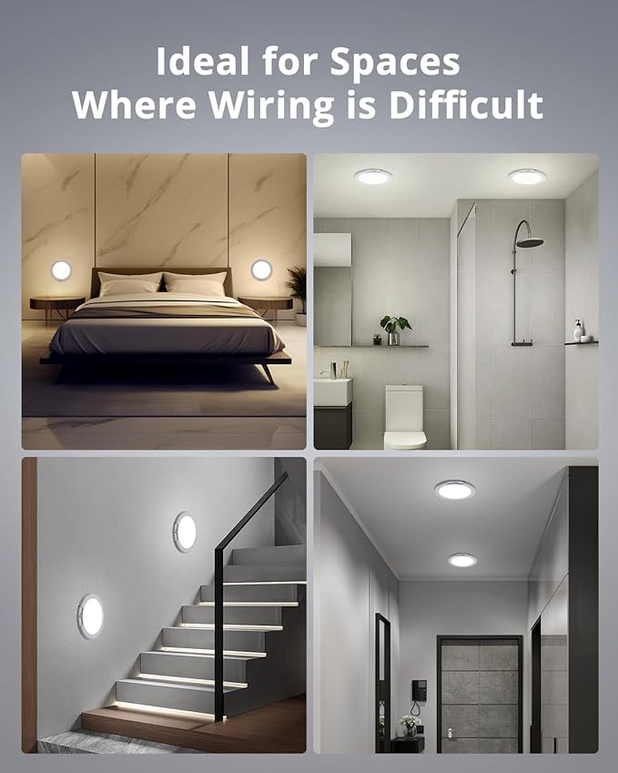 Bojim Rechargeable Ceiling Lights with Remote Wireless Battery Operated Motion Sensor Waterproof Shower Lighting, 3CCT & Dimmable Stick On Closet Overhead for Pantry Porch Renter Friendly 2 Pack