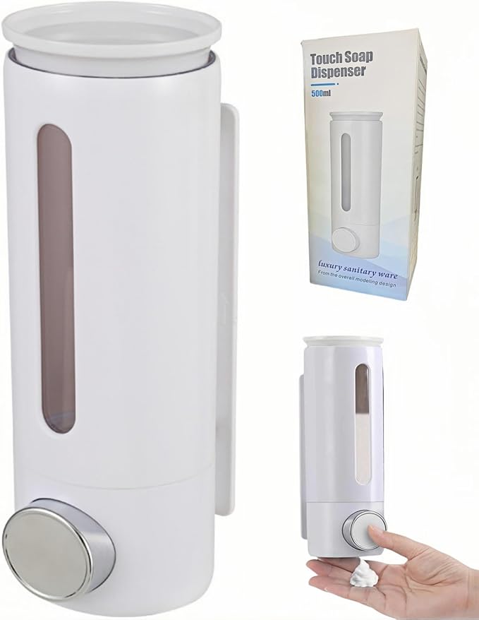 Soap Dispenser Wall Mount 17oz Drill Free ABS Hand Soap Shower Dispenser with Adhesive and Screws No Leakage Shampoo and Conditioner Dispenser Large Capacity for Bathroom Kitchen-White,1PACK