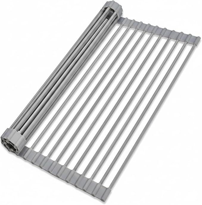 Roll Up Dish Drying Rack Over Sink, 20.47" x 12.99" Foldable Silicone Wrapped Stainless Steel Over The Sink Dish Drying Rack, Grey