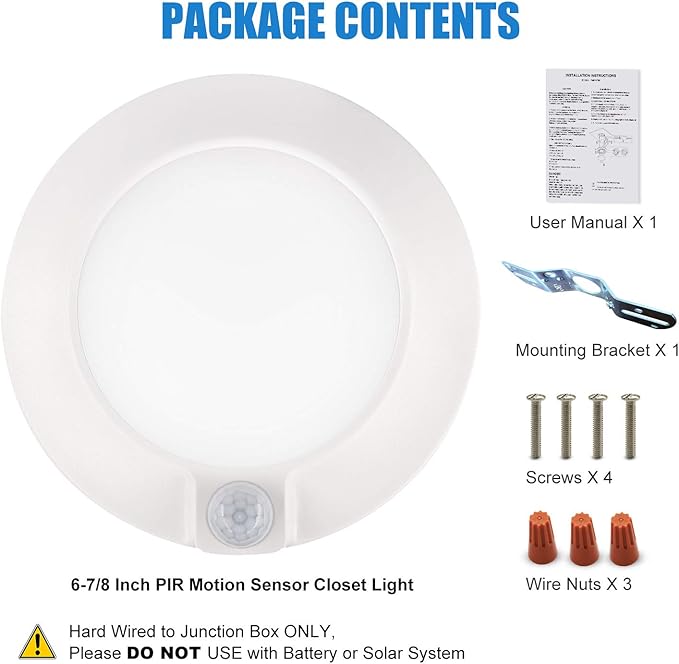 Closet Lights Motion Sensored Indoor Ceiling Mount LED-10W 3000K Closet Stair Porch Ceiling Pantry Motion Activated Light 6-7/8 Inch 90CRI 600lm Hardwire to Junction Box, No Battery, Damp Rated 4 Pack