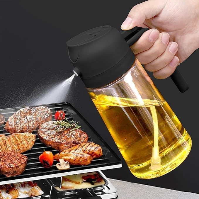 16oz/470ml Glass Olive Oil Sprayer for Cooking - 2 in 1 Olive Oil Dispenser for Kitchen Gadgets, Air Fryer, Salad, and BBQ - Black